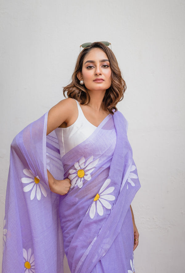 Lavender Hand painted Mulmul Cotton Ready To Wear Saree