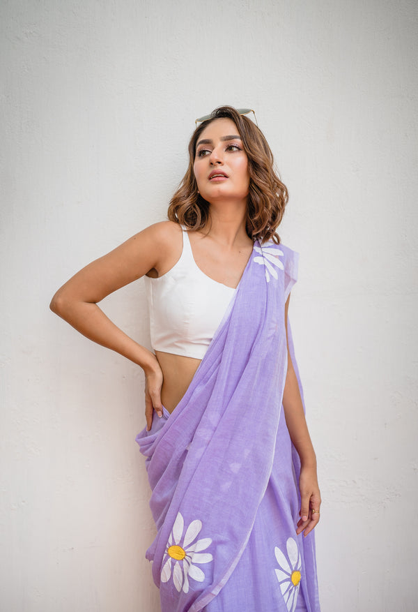 Lavender Hand painted Mulmul Cotton Ready To Wear Saree