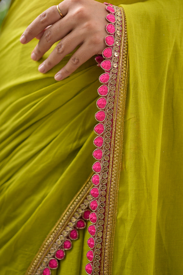 Alluring  Neon Yellow Zari Mulmul Cotton Ready To Wear  Saree