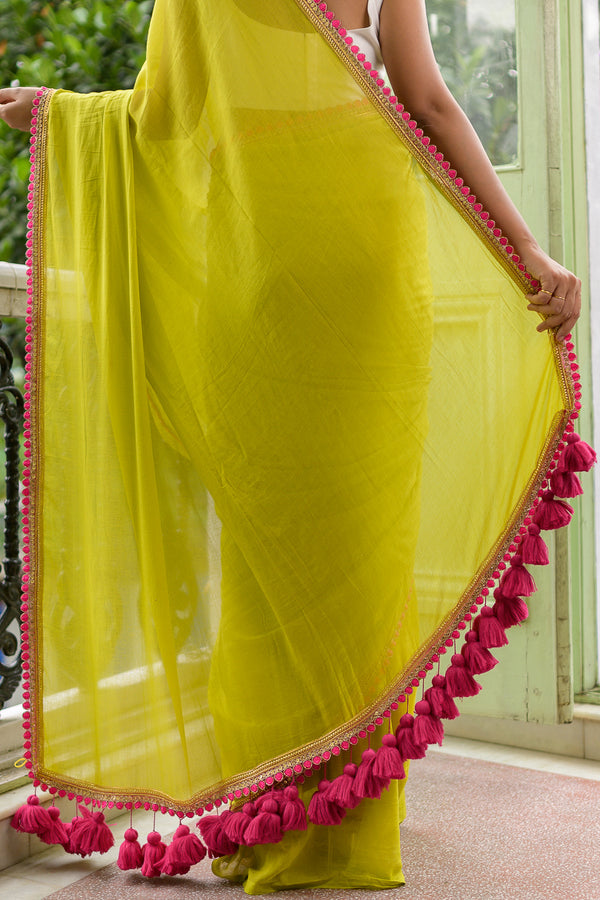 Alluring  Neon Yellow Zari Mulmul Cotton Ready To Wear  Saree