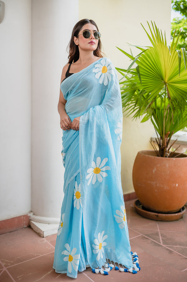 Sky Blue Hand Painted Mulmul Cotton Ready To Wear Saree