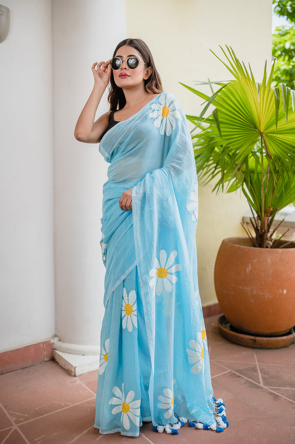 Sky Blue Hand Painted Mulmul Cotton Ready To Wear Saree