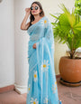 Sky Blue Hand Painted Mulmul Cotton Ready To Wear Saree