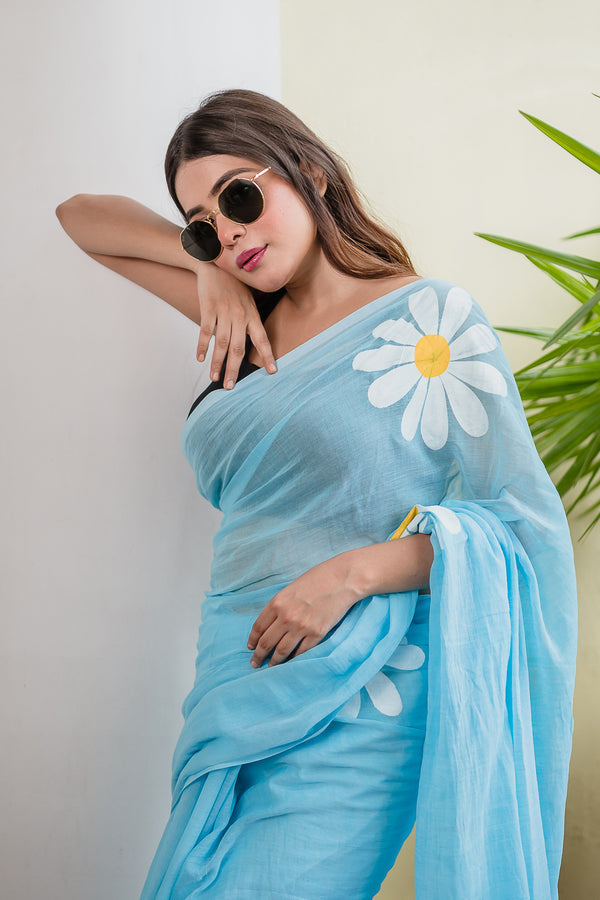 Sky Blue Hand Painted Mulmul Cotton Ready To Wear Saree