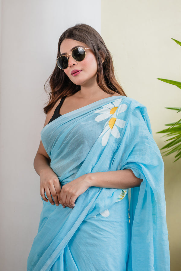 Sky Blue Hand Painted Mulmul Cotton Ready To Wear Saree