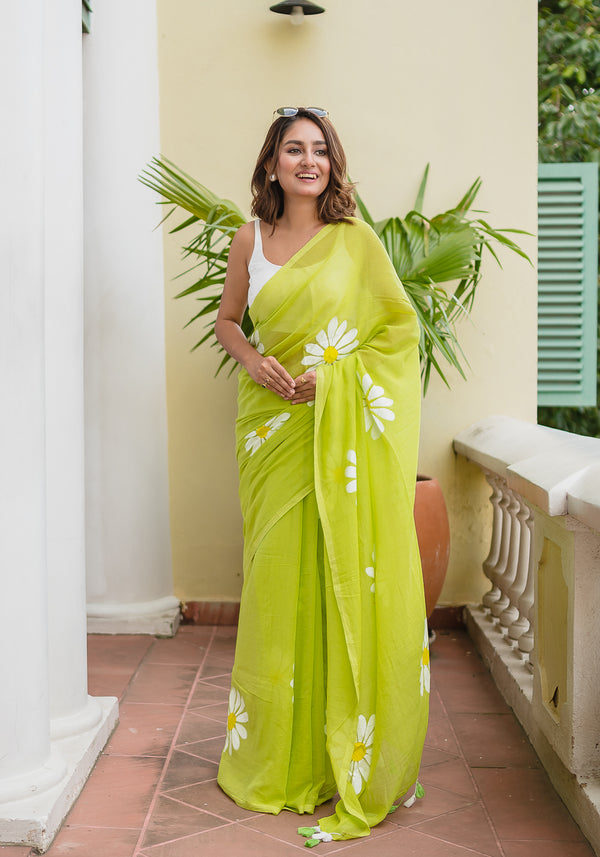 Green Hand Painted Mulmul Cotton Ready To Wear Saree