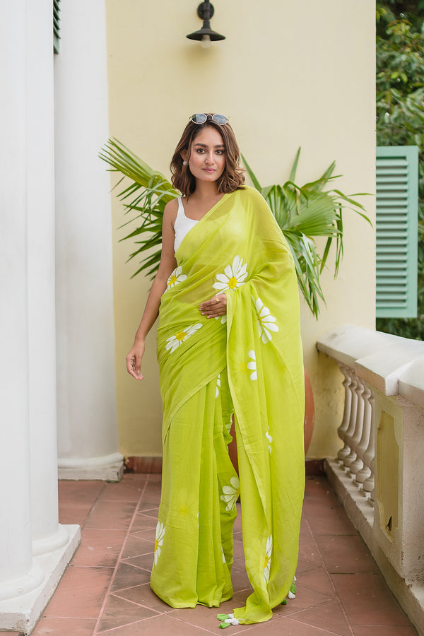 Green Hand Painted Mulmul Cotton Ready To Wear Saree