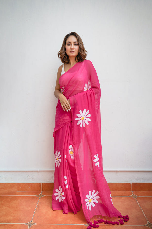 Hot Pink Hand Painted Mulmul Cotton Ready To Wear  Saree