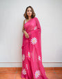 Hot Pink Hand Painted Mulmul Cotton Ready To Wear  Saree