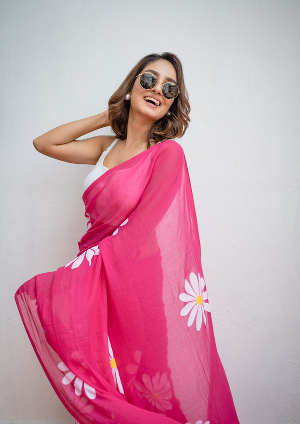 Hot Pink Hand Painted Mulmul Cotton Ready To Wear  Saree