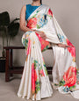 Elegant Modern Floral Prints White Satin Silk Saree with Luxurious Drape