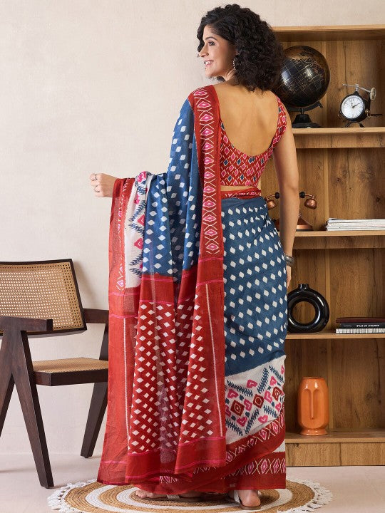 Ethnic Motifs Poly Cotton Ready To Wear Ikat Saree