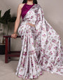Elegant Modern Floral Prints Silver Satin Silk Saree with Luxurious Drape
