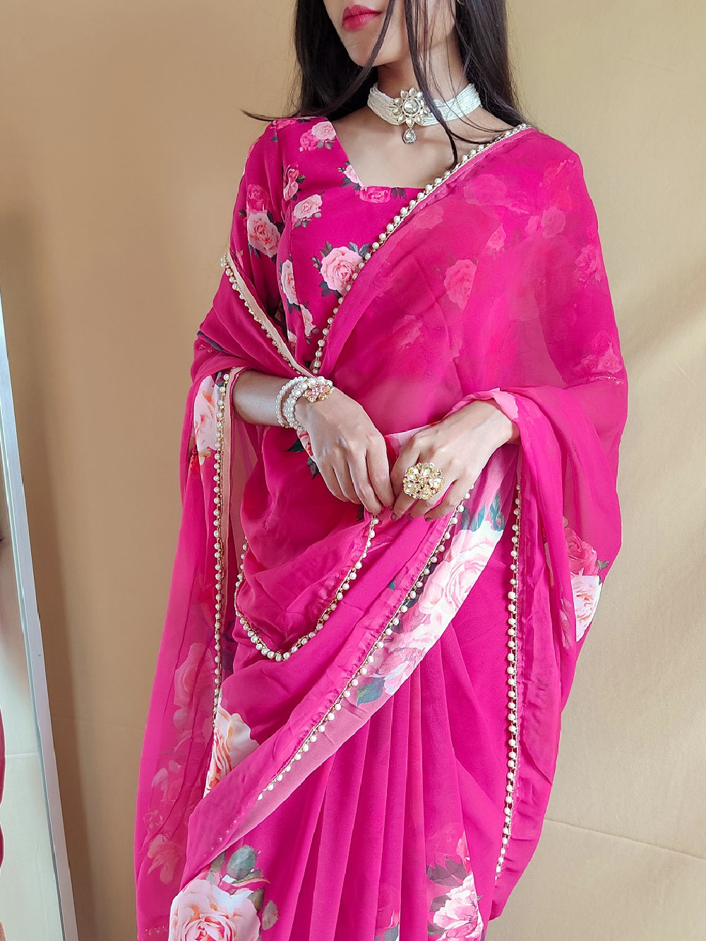 Ready To Wear Pink Color Printed With Peral Lace Border Georgette Trending Saree