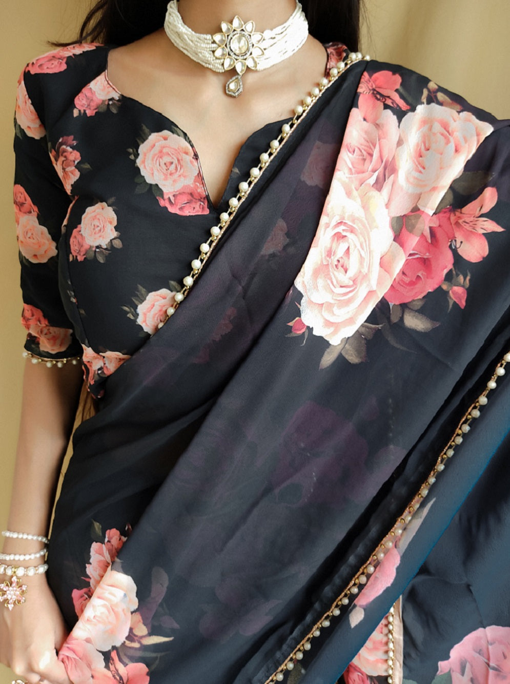 Ready To Wear Black Color printed With Peral Lace Border Georgette Saree