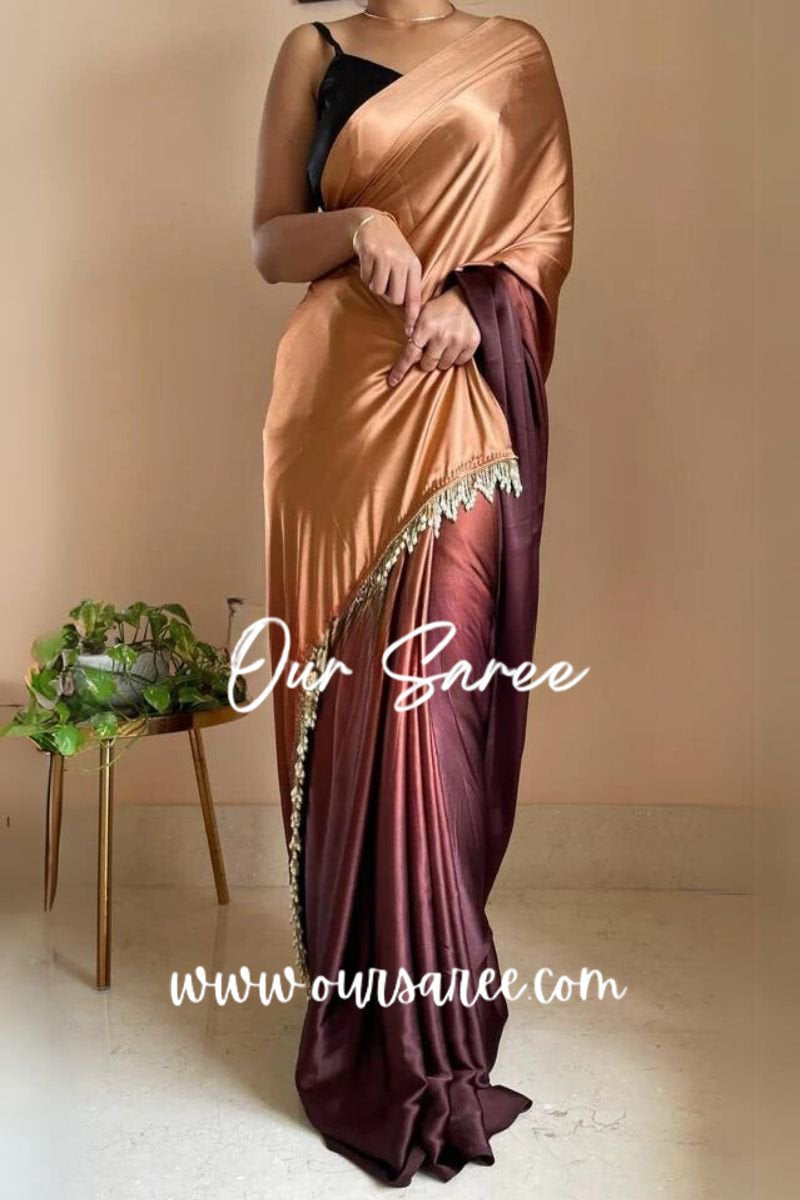 1-MIN READY TO WEAR  Coffee Eclair Ombré Crepe Silk Saree with Handmade Tassels on Pallu