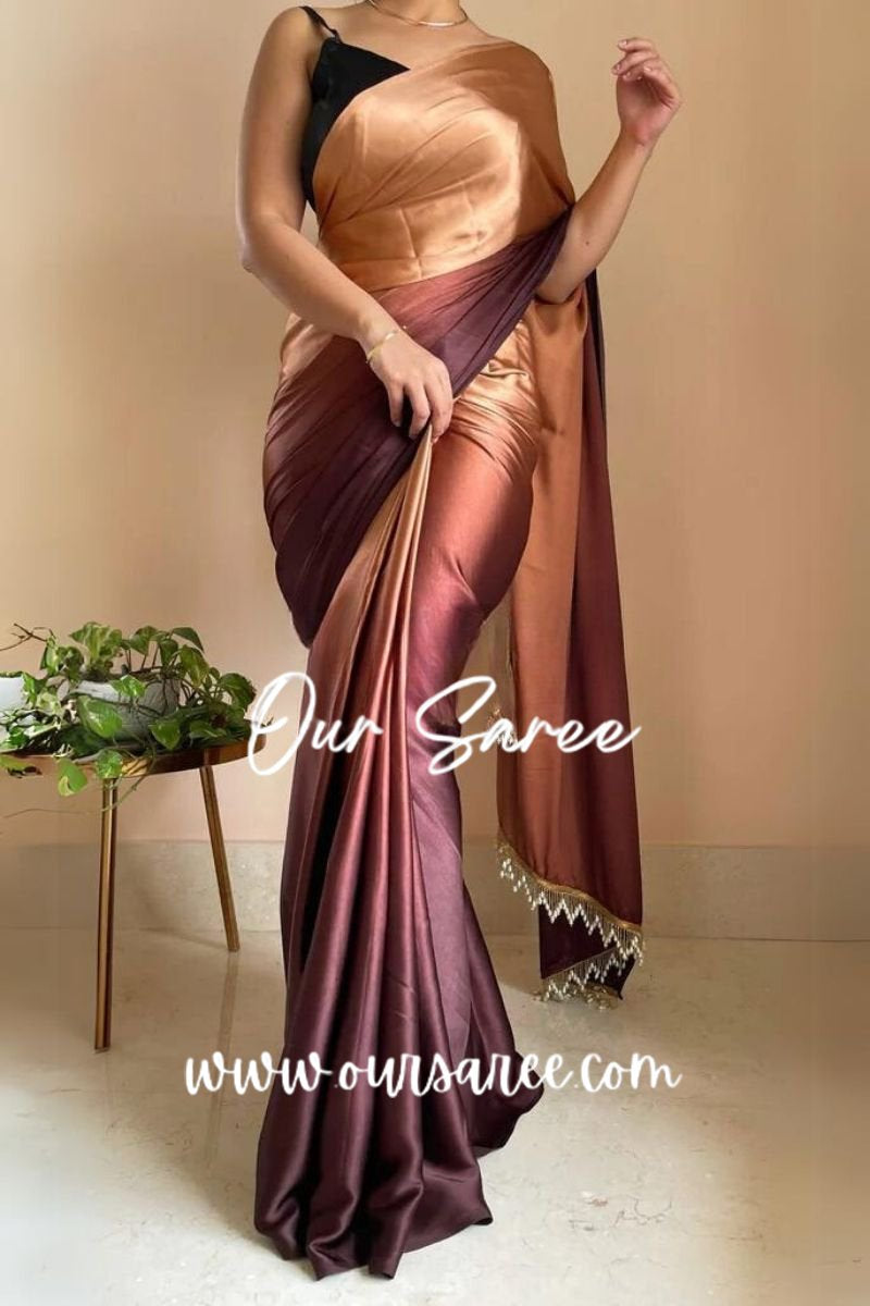 1-MIN READY TO WEAR  Coffee Eclair Ombré Crepe Silk Saree with Handmade Tassels on Pallu