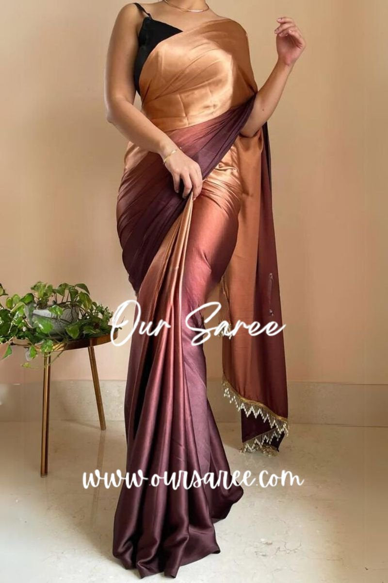 1-MIN READY TO WEAR  Coffee Eclair Ombré Crepe Silk Saree with Handmade Tassels on Pallu