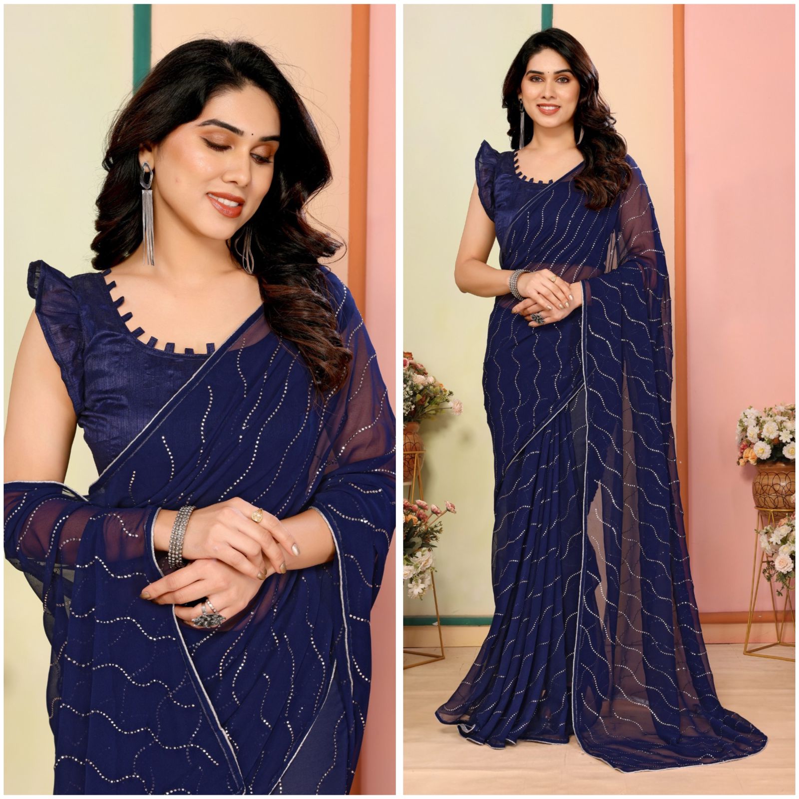 Adorning  Swarovski Work Embroidered Georgette Saree