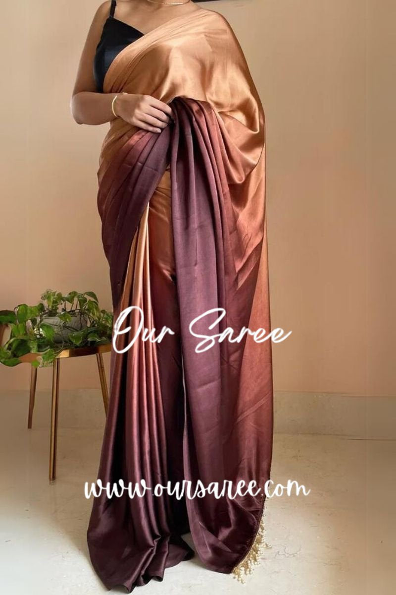 1-MIN READY TO WEAR  Coffee Eclair Ombré Crepe Silk Saree with Handmade Tassels on Pallu