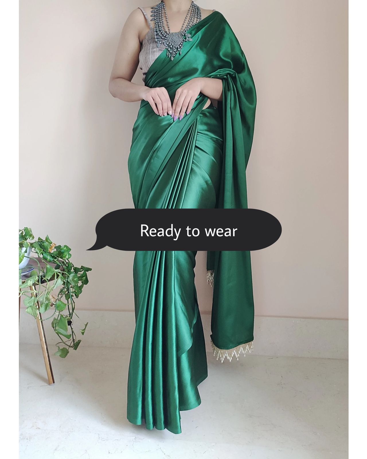 1-MIN READY TO WEAR Forest Green Satin Silk Saree With Handmade Tassels On Pallu