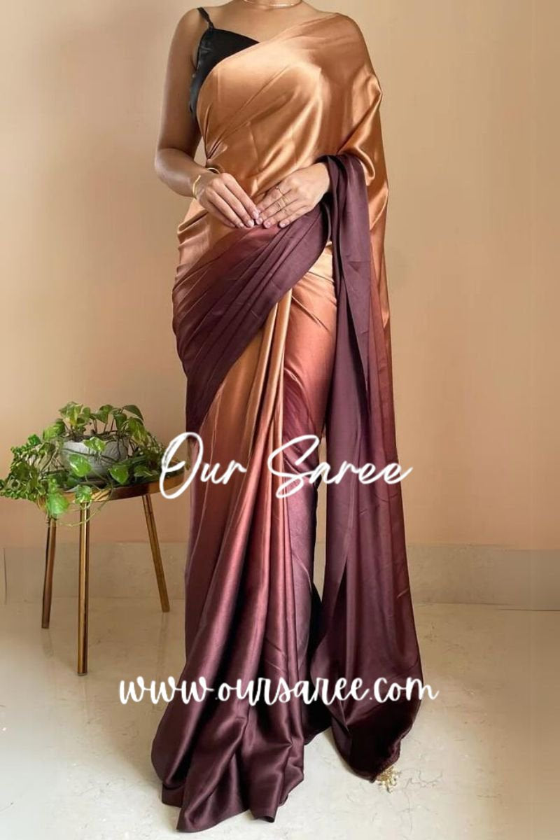 1-MIN READY TO WEAR  Coffee Eclair Ombré Crepe Silk Saree with Handmade Tassels on Pallu