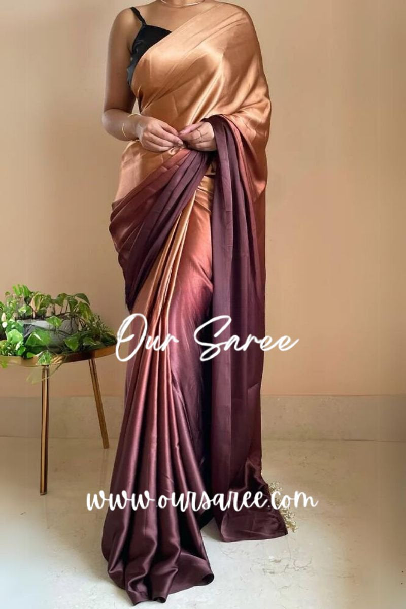 1-MIN READY TO WEAR  Coffee Eclair Ombré Crepe Silk Saree with Handmade Tassels on Pallu