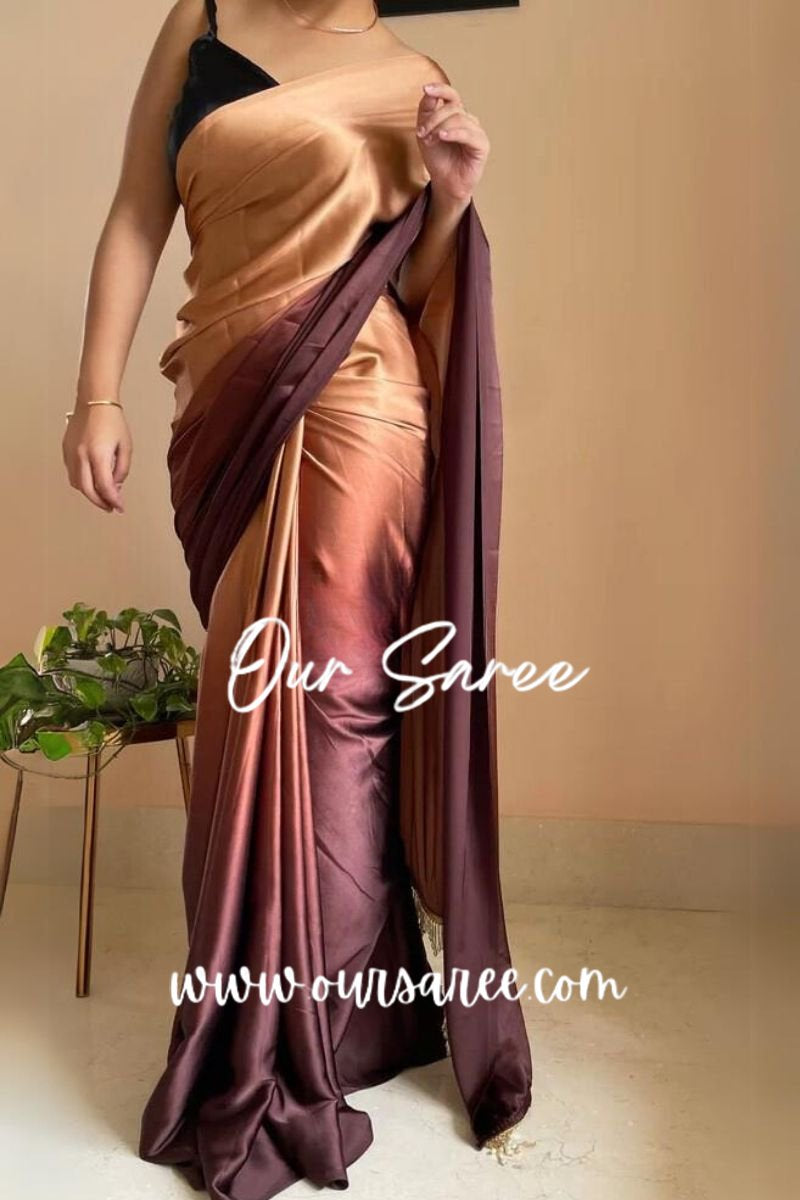 1-MIN READY TO WEAR  Coffee Eclair Ombré Crepe Silk Saree with Handmade Tassels on Pallu