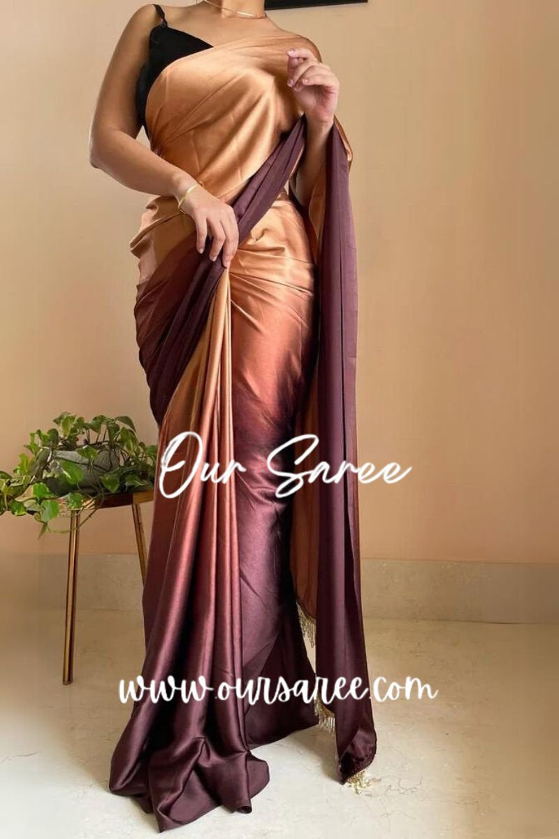 1-MIN READY TO WEAR  Coffee Eclair Ombré Crepe Silk Saree with Handmade Tassels on Pallu