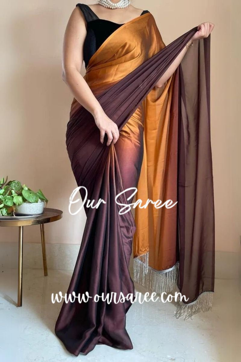 1-MIN READY TO WEAR  Summer Sands Ombré Georgette Saree with Handmade Tassels on Pallu