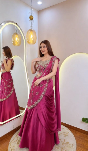 Crep Silk Embroidered Lehenga Saree Set