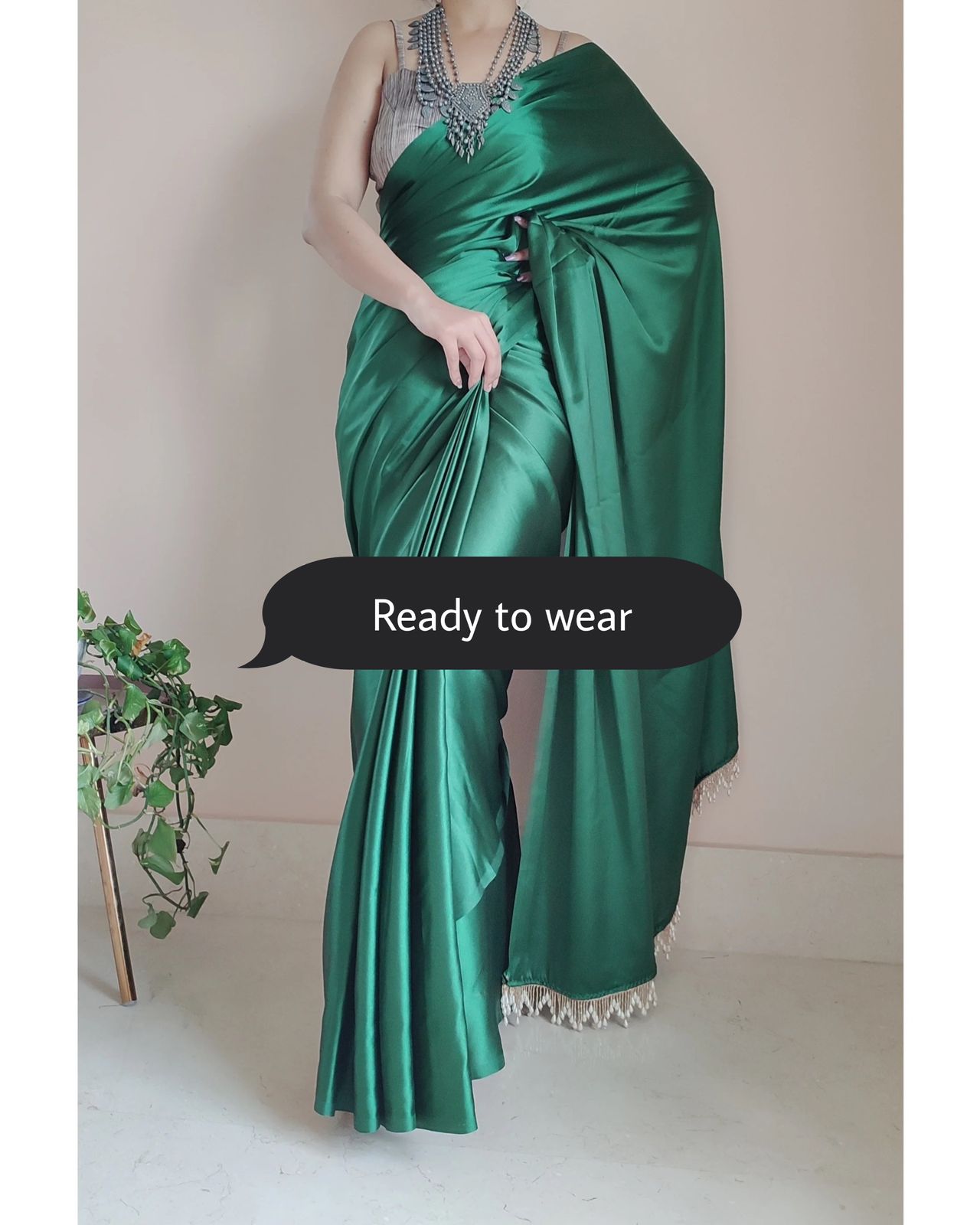 1-MIN READY TO WEAR Forest Green Satin Silk Saree With Handmade Tassels On Pallu