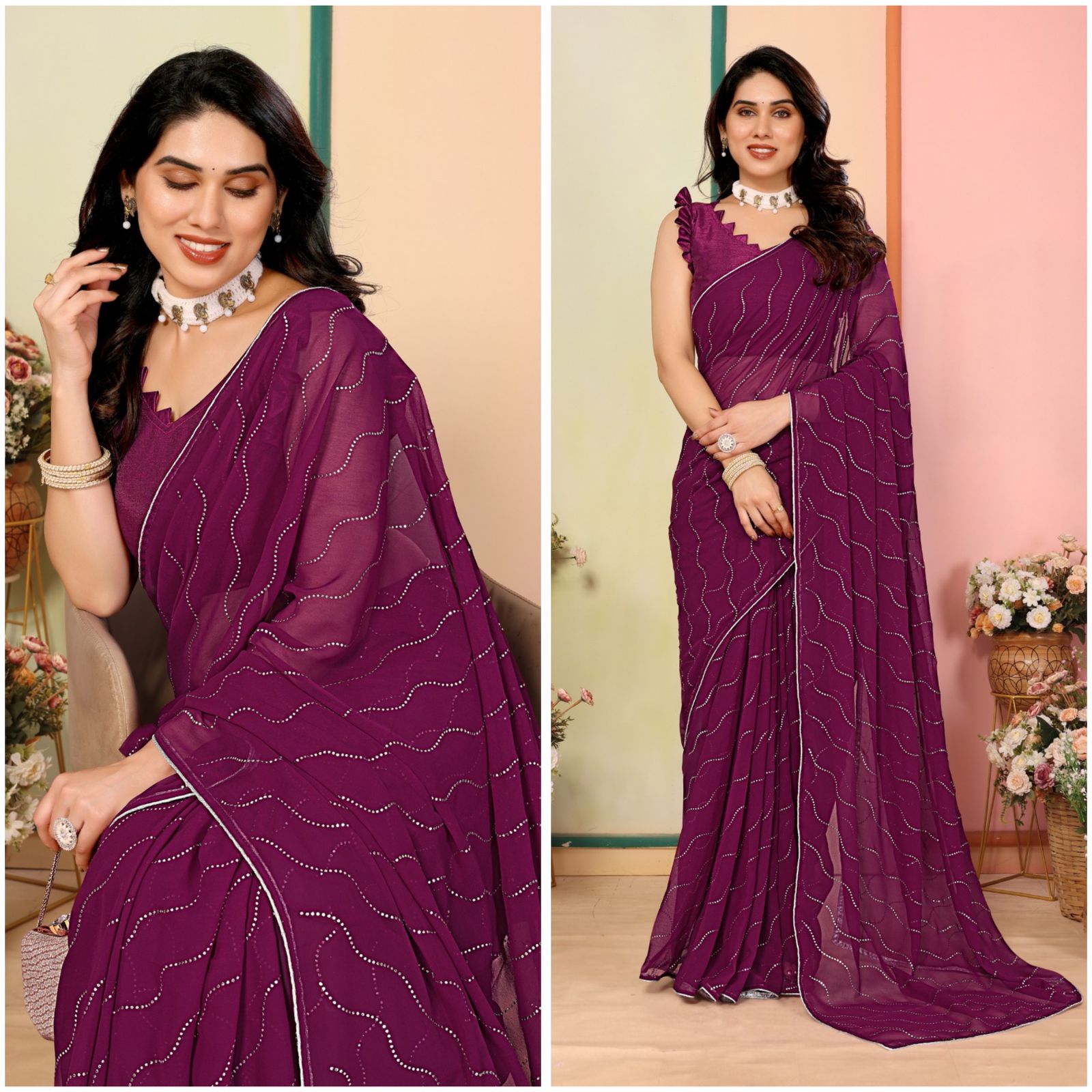 Adorning  Swarovski Work Embroidered Georgette Saree