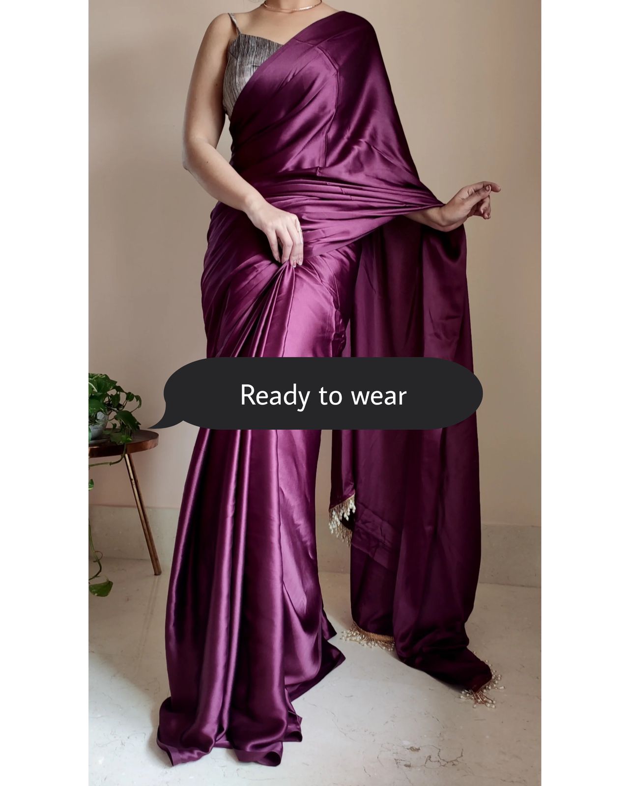 1-MIN READY TO WEAR Dark Eggplant Wine Satin Silk Saree With Handmade Tassels On Pallu