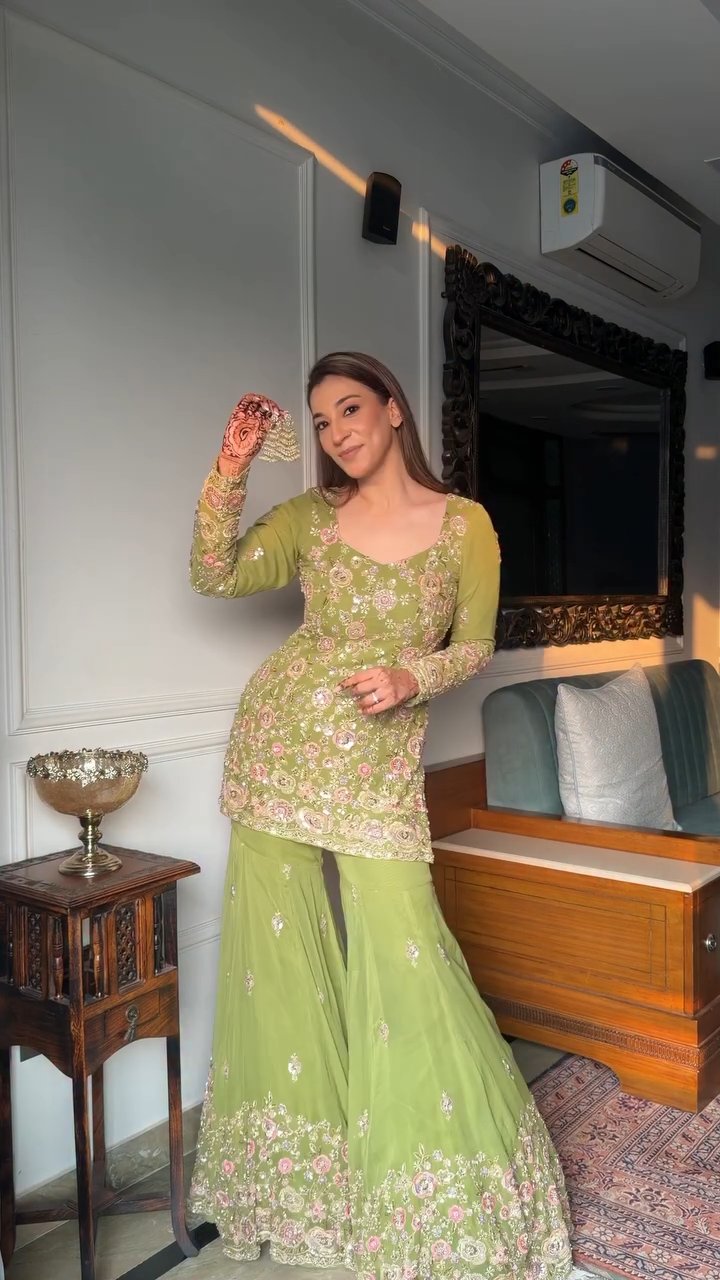 Designer Faux Georgette Top, Sharara and Dupatta Set with Heavy Embroidery Sequence Work