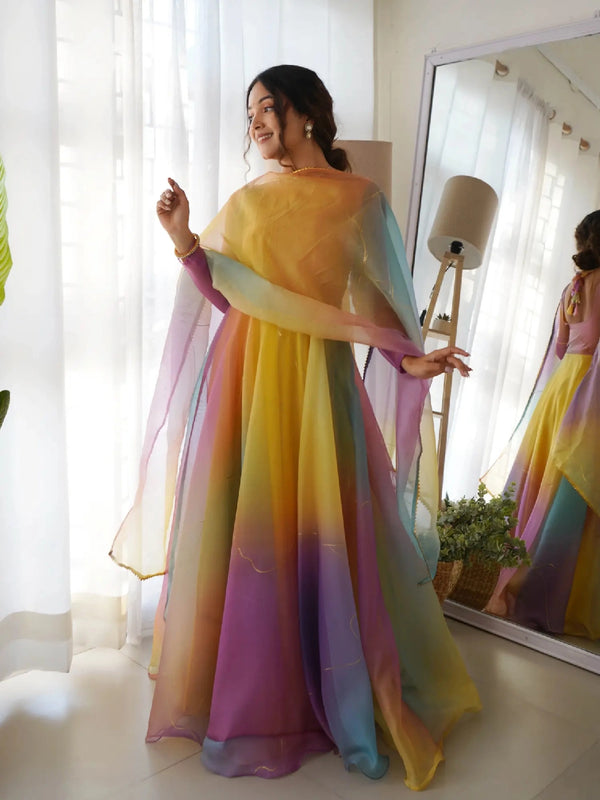 Dark Rabba Rainbow Color Pure Organza Printed Anarkali Gown