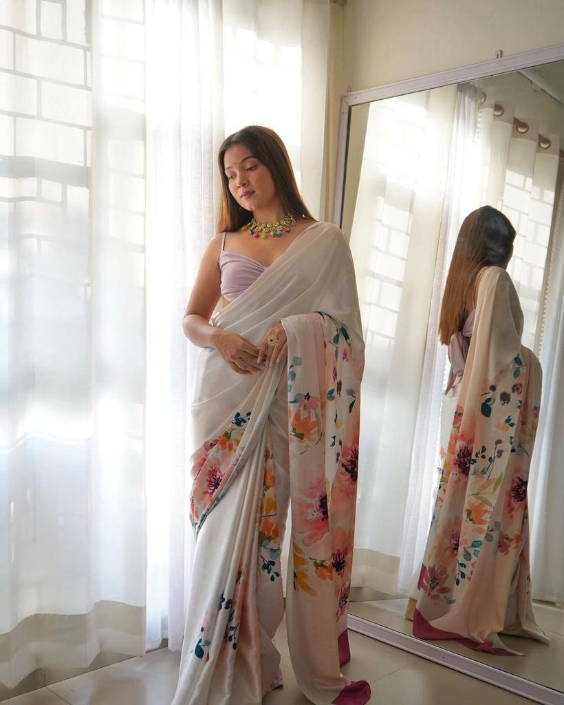 1 MIN Ready to wear saree in White Floral Sartin Saree
