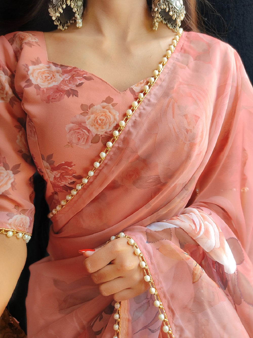 Ready To Wear Pastel Peach   Color Printed With Pearl Lace Border Georgette Saree