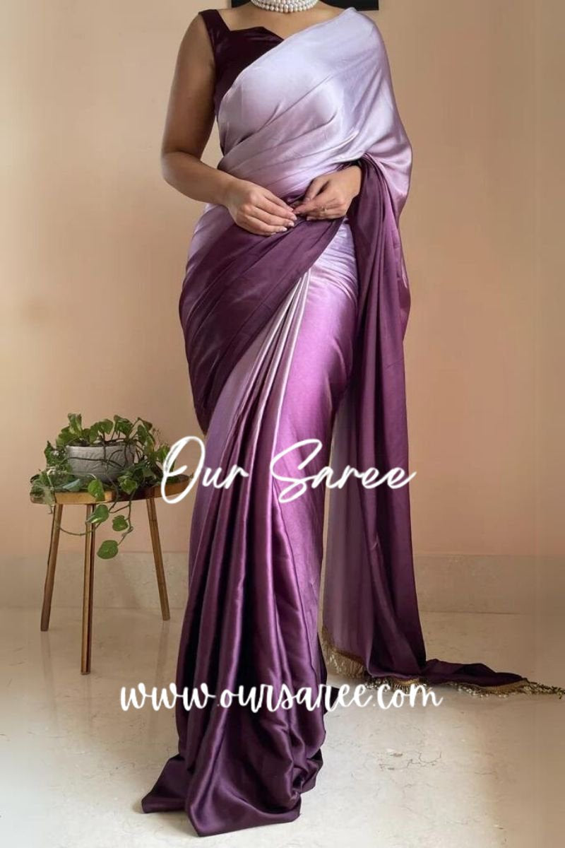 1-MIN READY TO WEAR  Black Currant Ombré Crepe Silk Saree with Handmade Tassels on Pallu