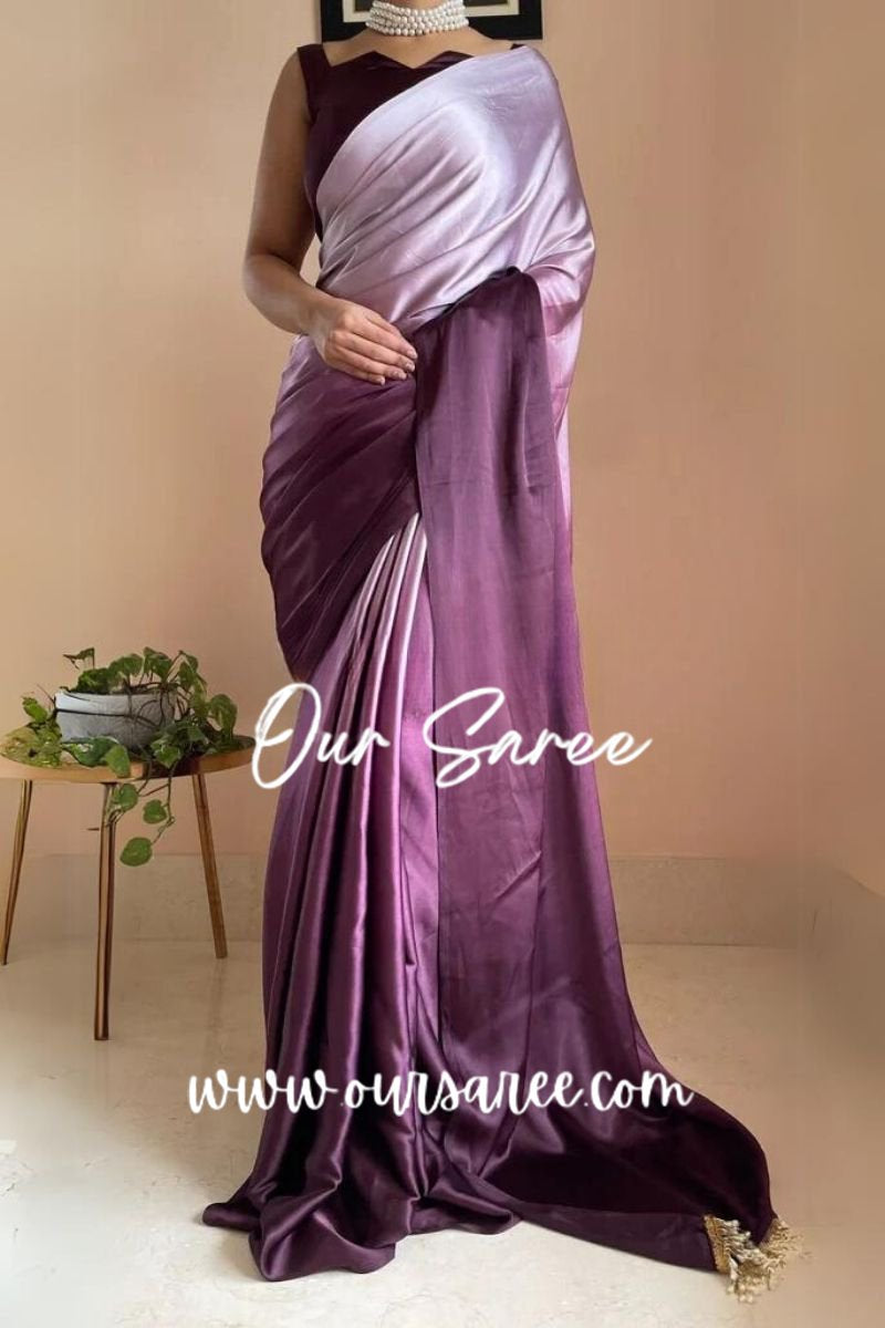 1-MIN READY TO WEAR  Black Currant Ombré Crepe Silk Saree with Handmade Tassels on Pallu