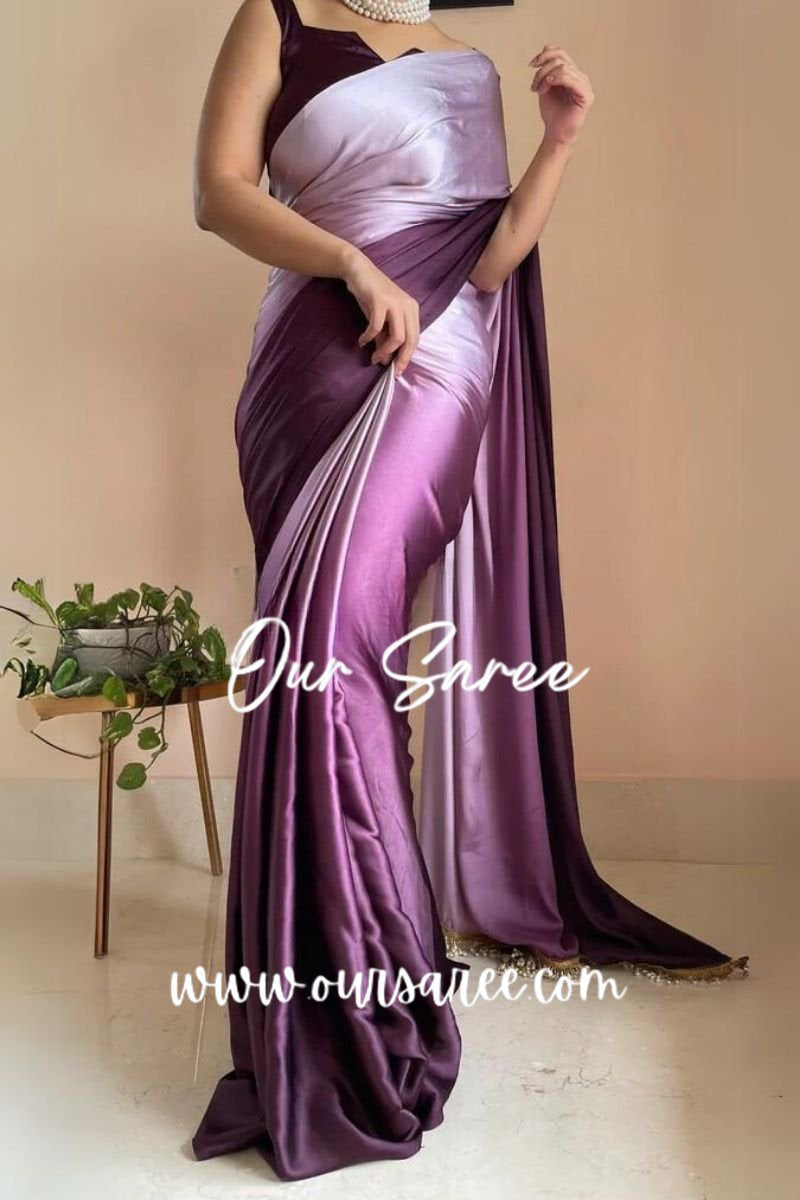 1-MIN READY TO WEAR  Black Currant Ombré Crepe Silk Saree with Handmade Tassels on Pallu