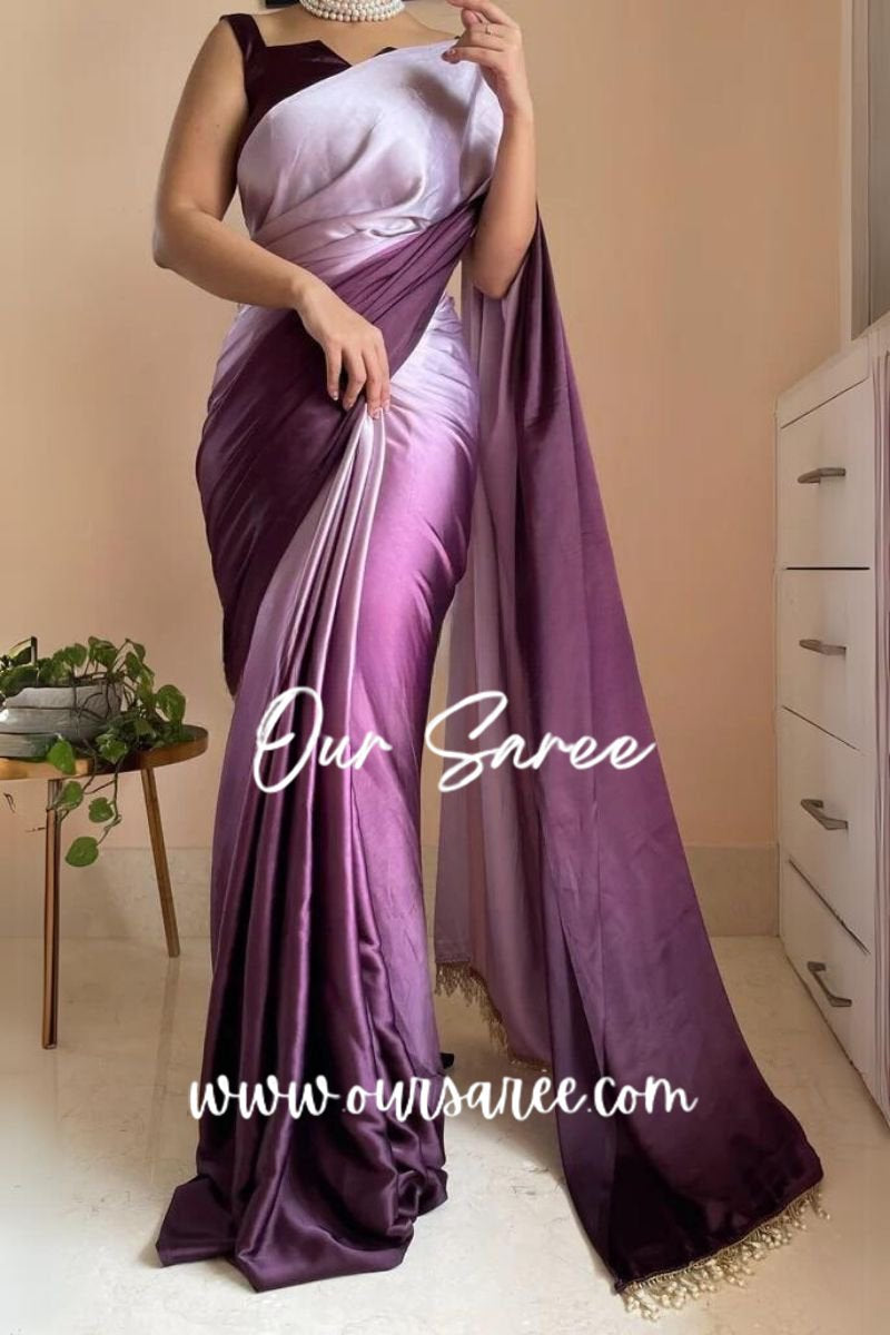 1-MIN READY TO WEAR  Black Currant Ombré Crepe Silk Saree with Handmade Tassels on Pallu