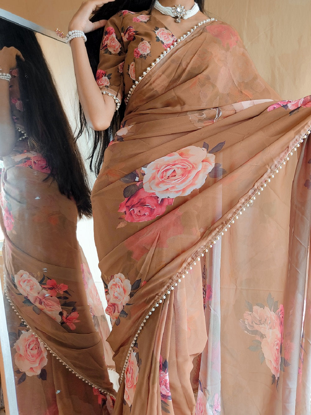 Ready To Wear Brown Color Printed With Peral Lace Border Georgette Saree