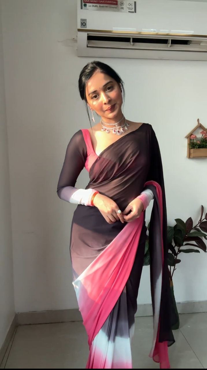 1-Minute Ready To Wear black & rani Color Georgette Saree