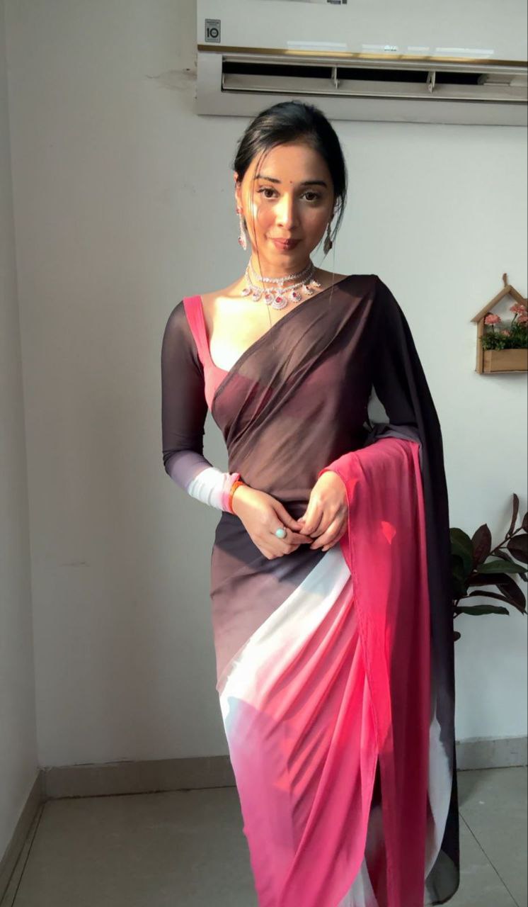 1-Minute Ready To Wear black & rani Color Georgette Saree