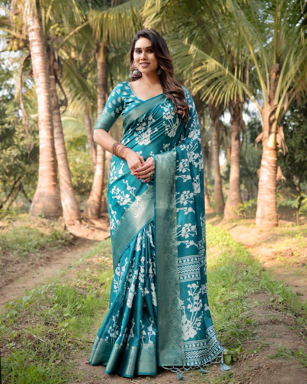 Beautiful Rich Pallu Digital Printed Sky Blue Jacquard Work Silk Saree