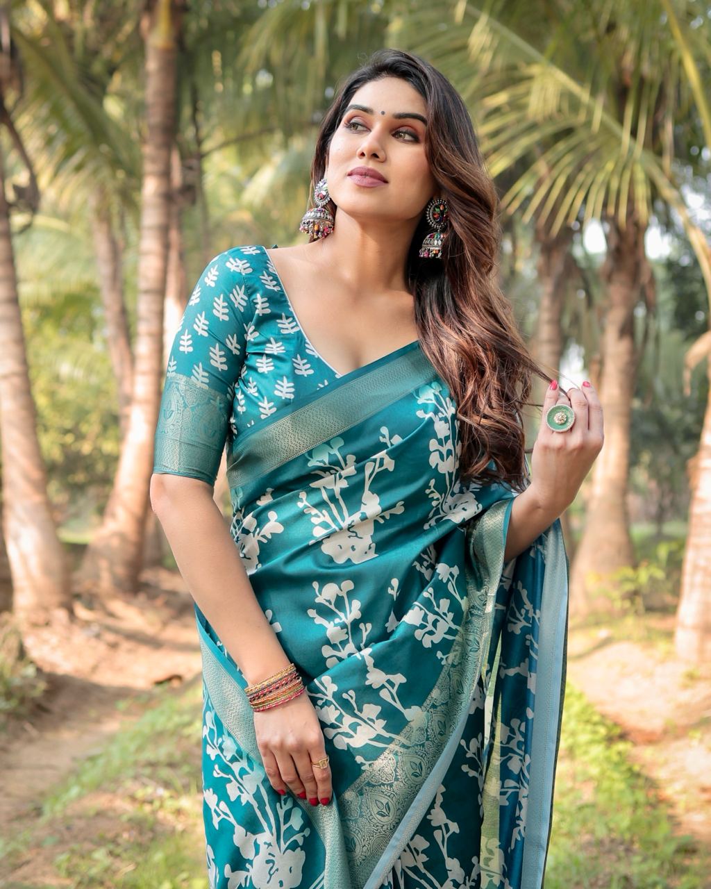 Beautiful Rich Pallu Digital Printed Sky Blue Jacquard Work Silk Saree