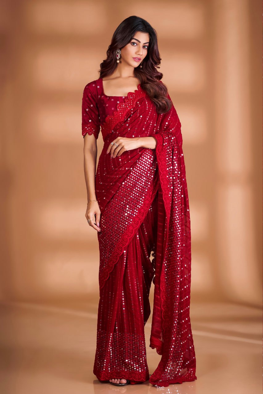 Red Sequin  New Designer party wear, indian festival georgette saree