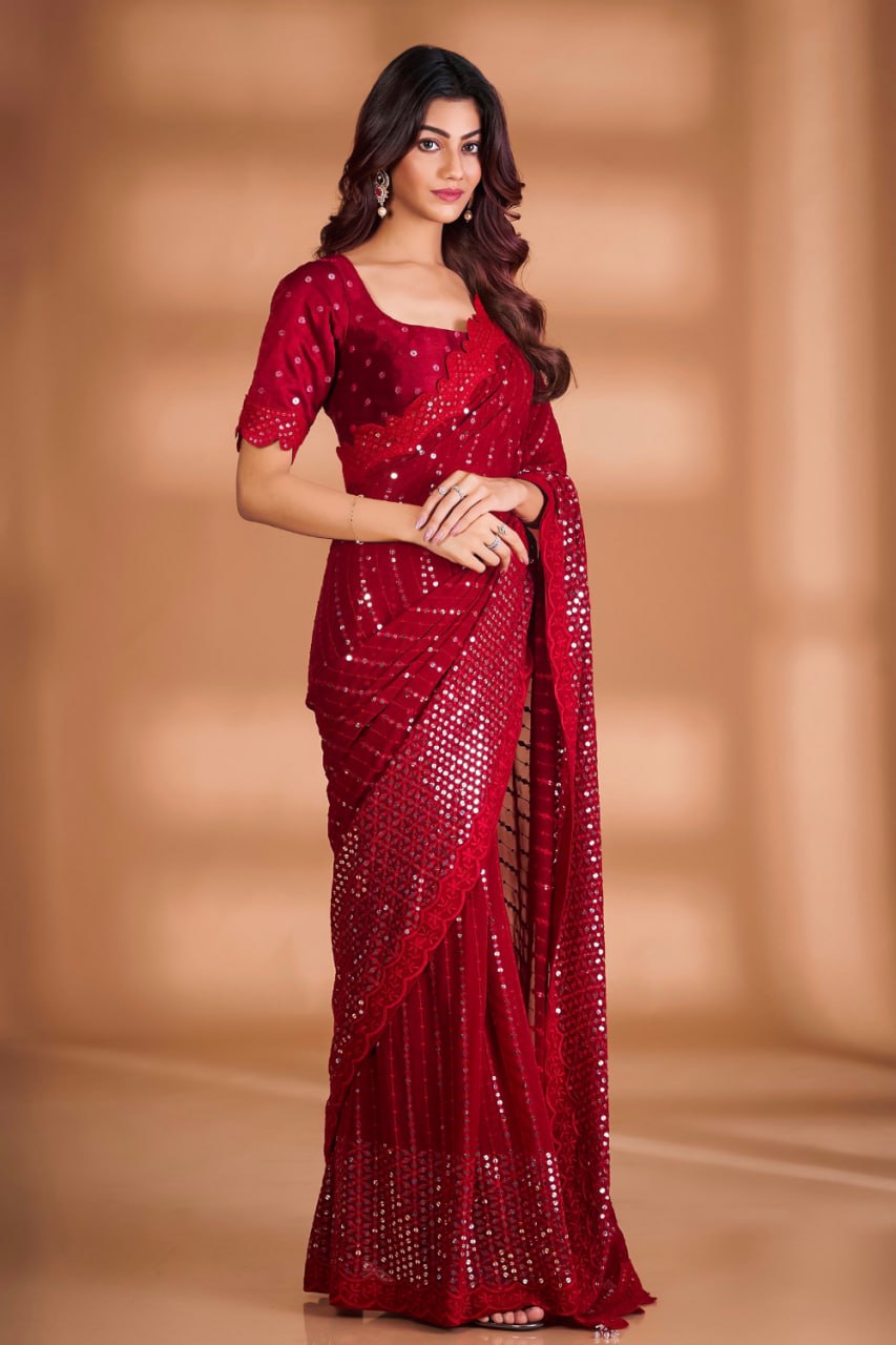 Red Sequin  New Designer party wear, indian festival georgette saree