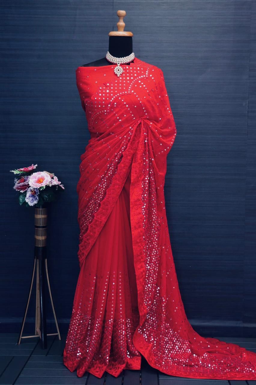 Red Sequin  New Designer party wear, indian festival georgette saree